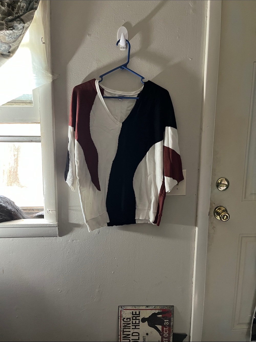 Cato Colorblock V-Neck Sweater in White, Black & Burgundy